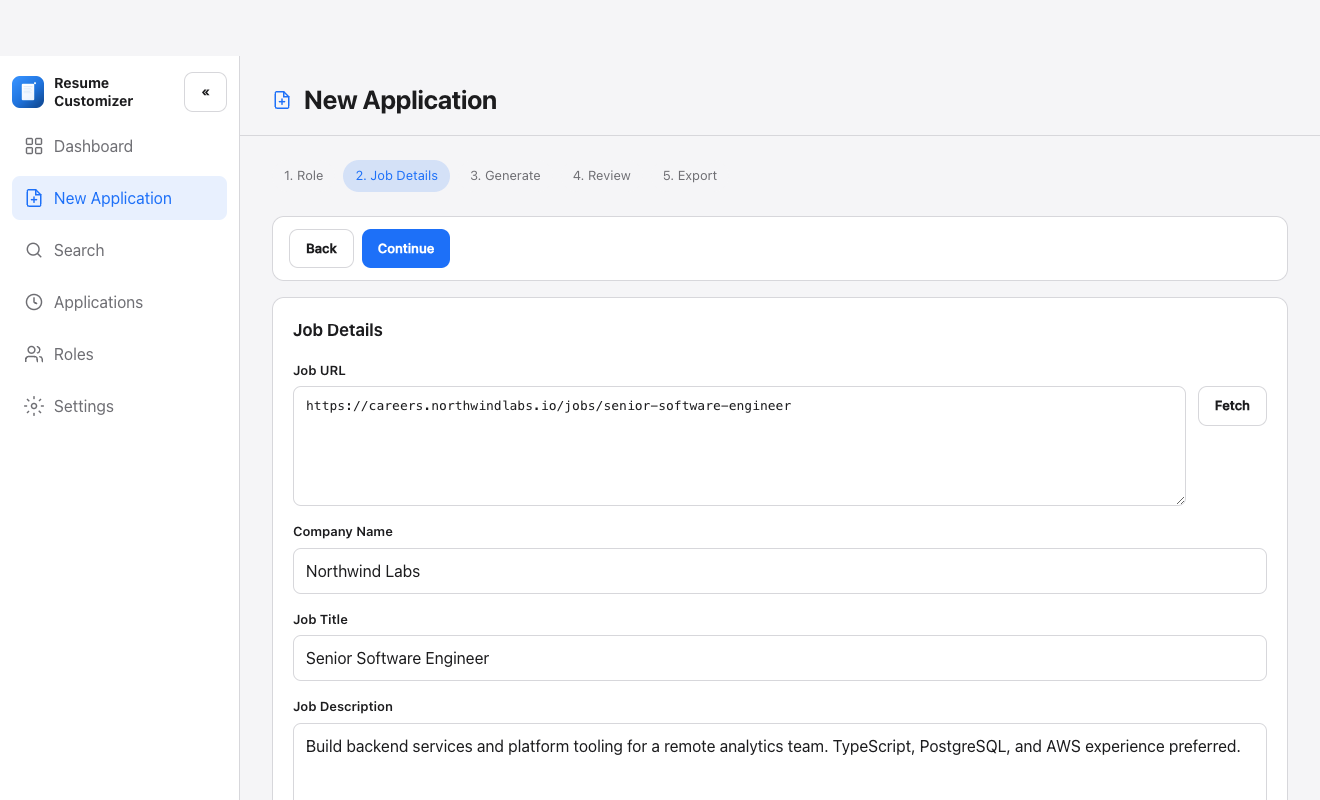 The new application wizard with steps for role, job details, generate, review, and export