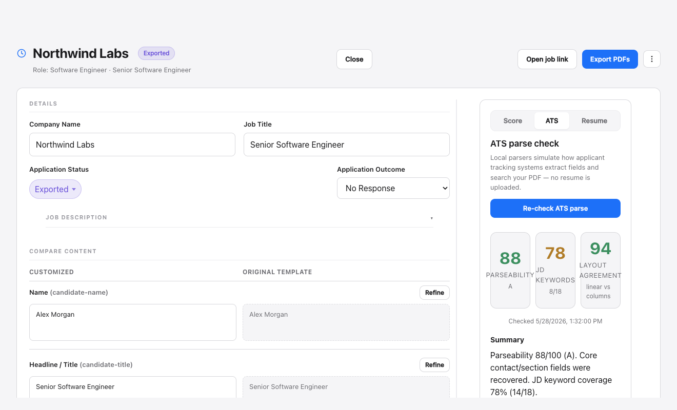 ATS parse check showing parseability score, missing fields, extracted profile, and platform-style scores