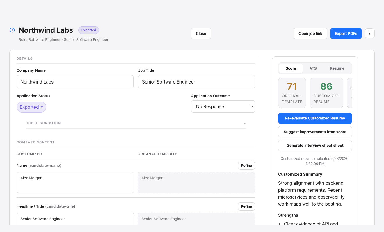 Review and score screen comparing baseline and customized resume scores