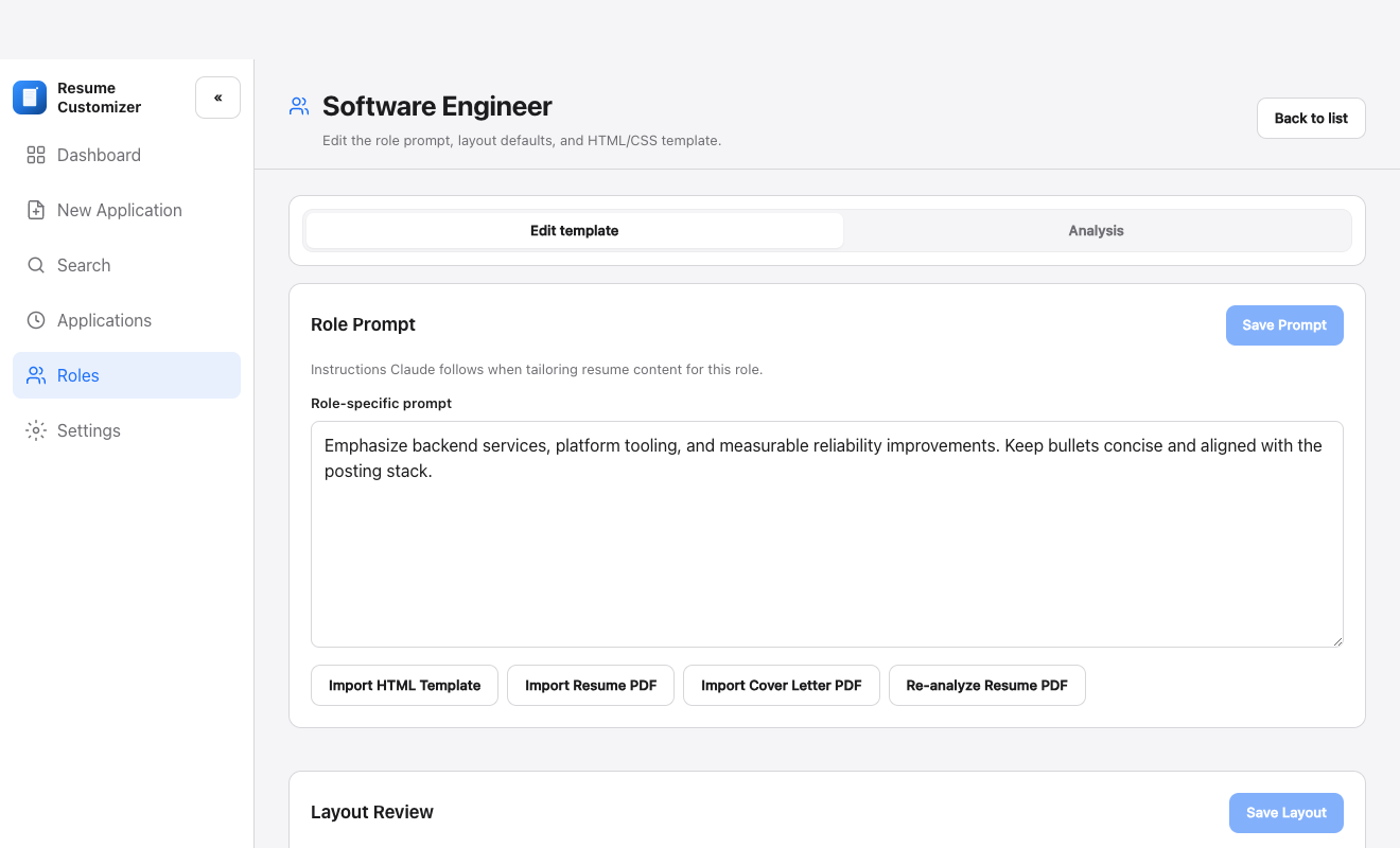 Roles screen with layout review and HTML template editor